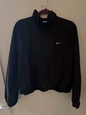 Nike Black Zip-Front Windbreaker Jacket with White Swoosh oversized short
